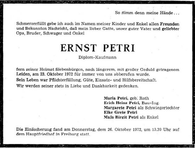 Petri Ernst 1895-1972 Todesanzeige